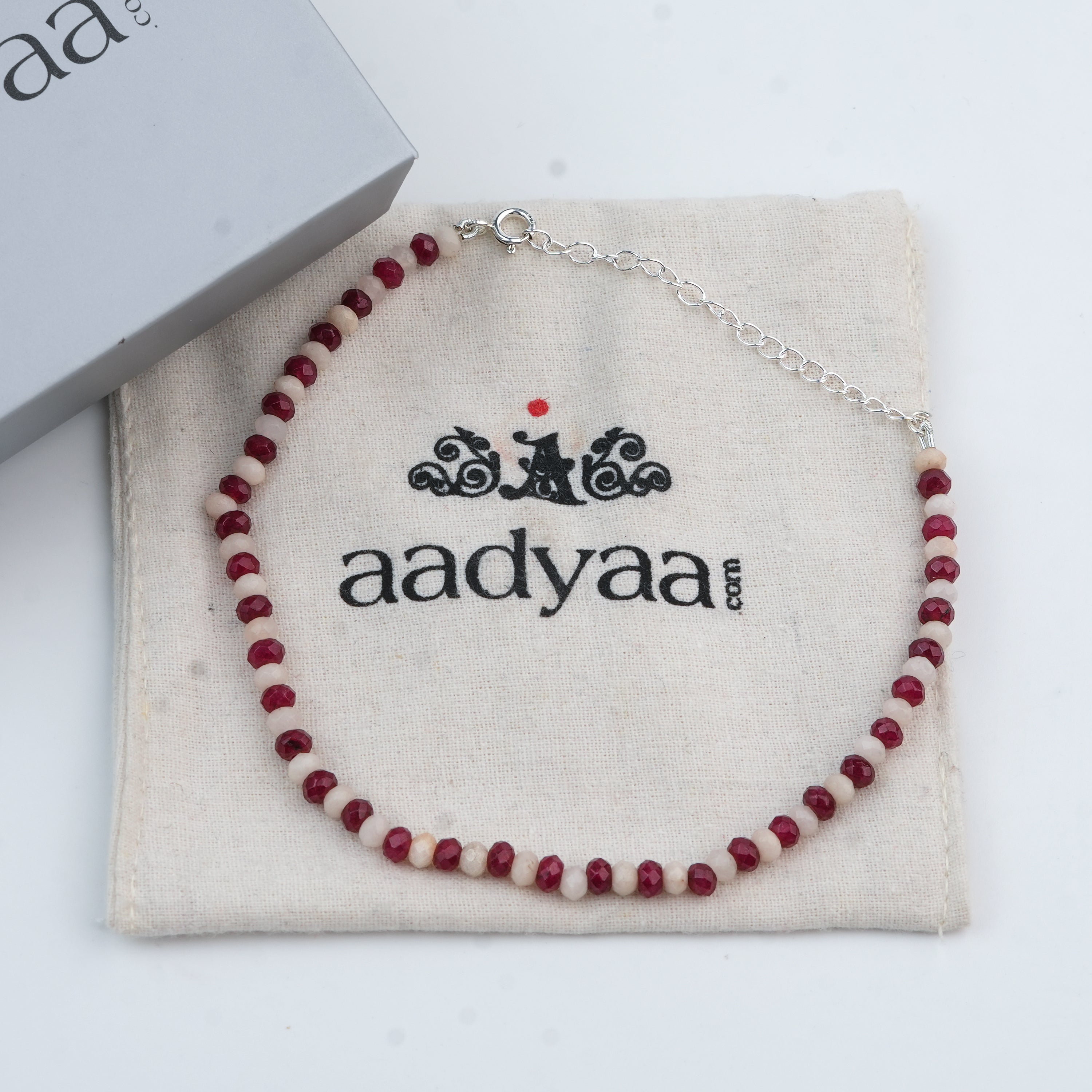 Red & White Jade Silver Anklet (Project Handmade)