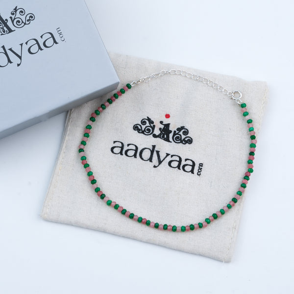 Green & Pink Jade Silver Anklet (Project Handmade)