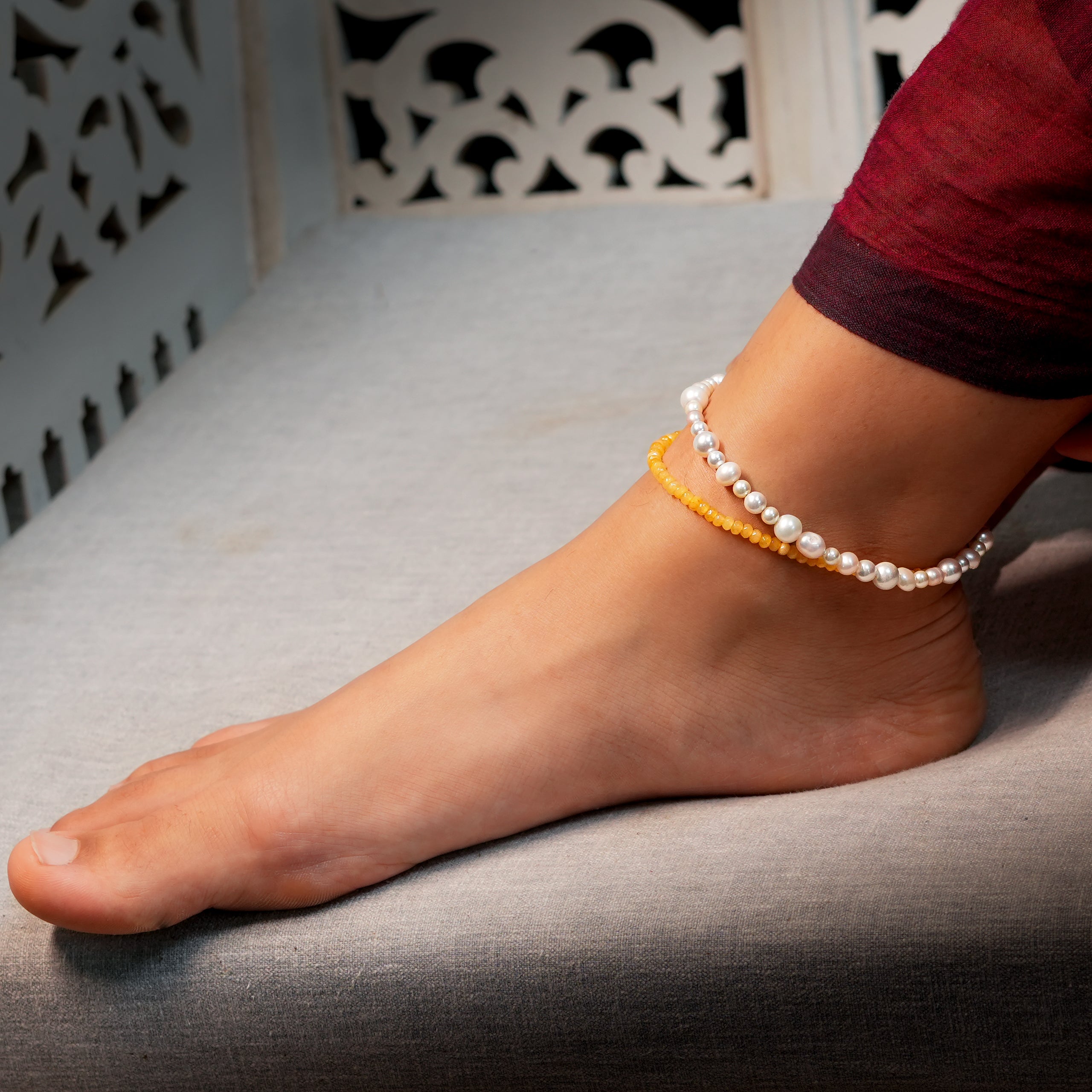 Yellow Jade & Freshwater Pearl Anklet (Project Handmade)