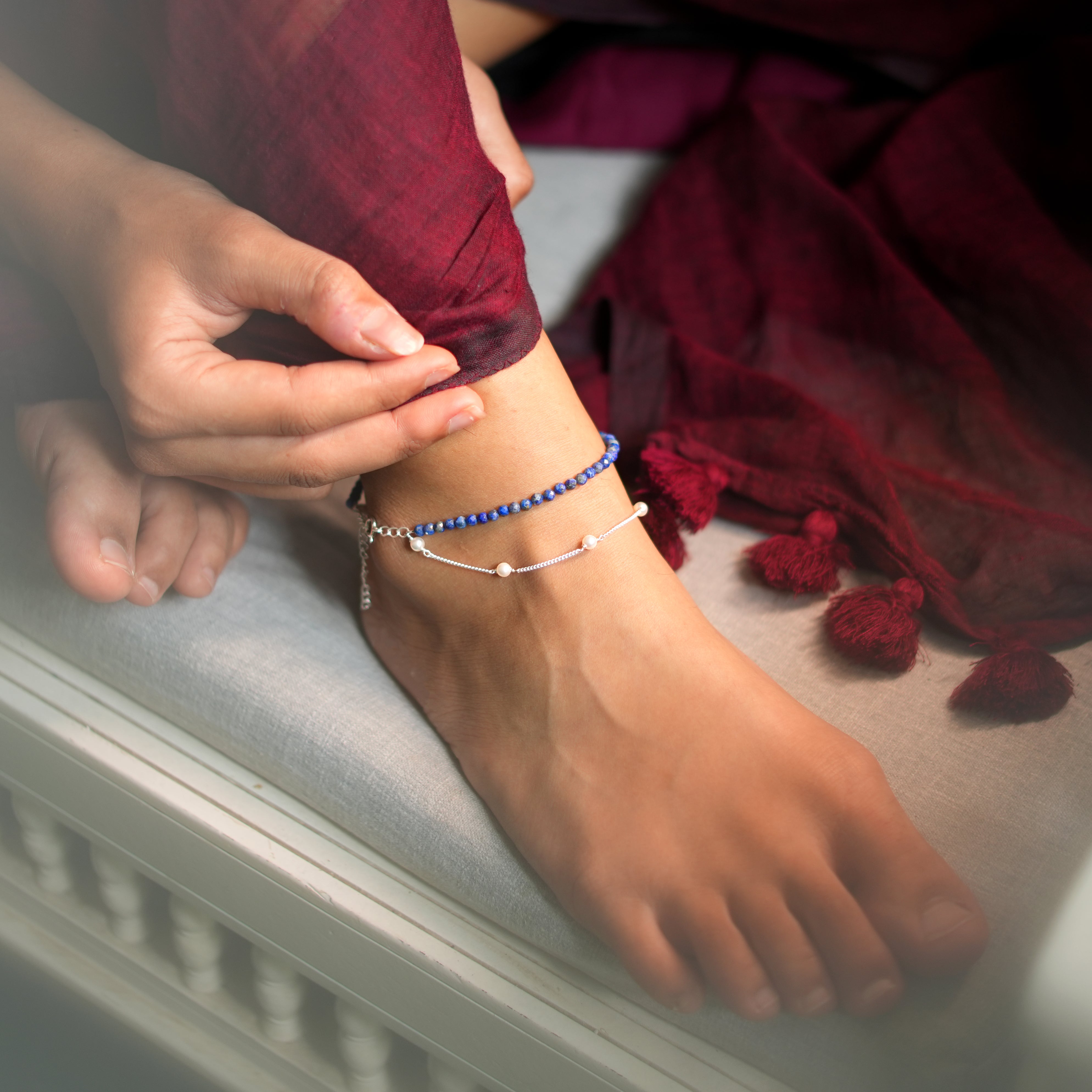 Lapis Lazuli & Pearl Chain Anklet (Project Handmade)