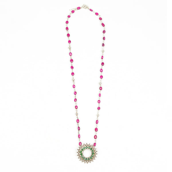 Silver Karwar Motif Pendant & Ruby Ganthan Necklace
