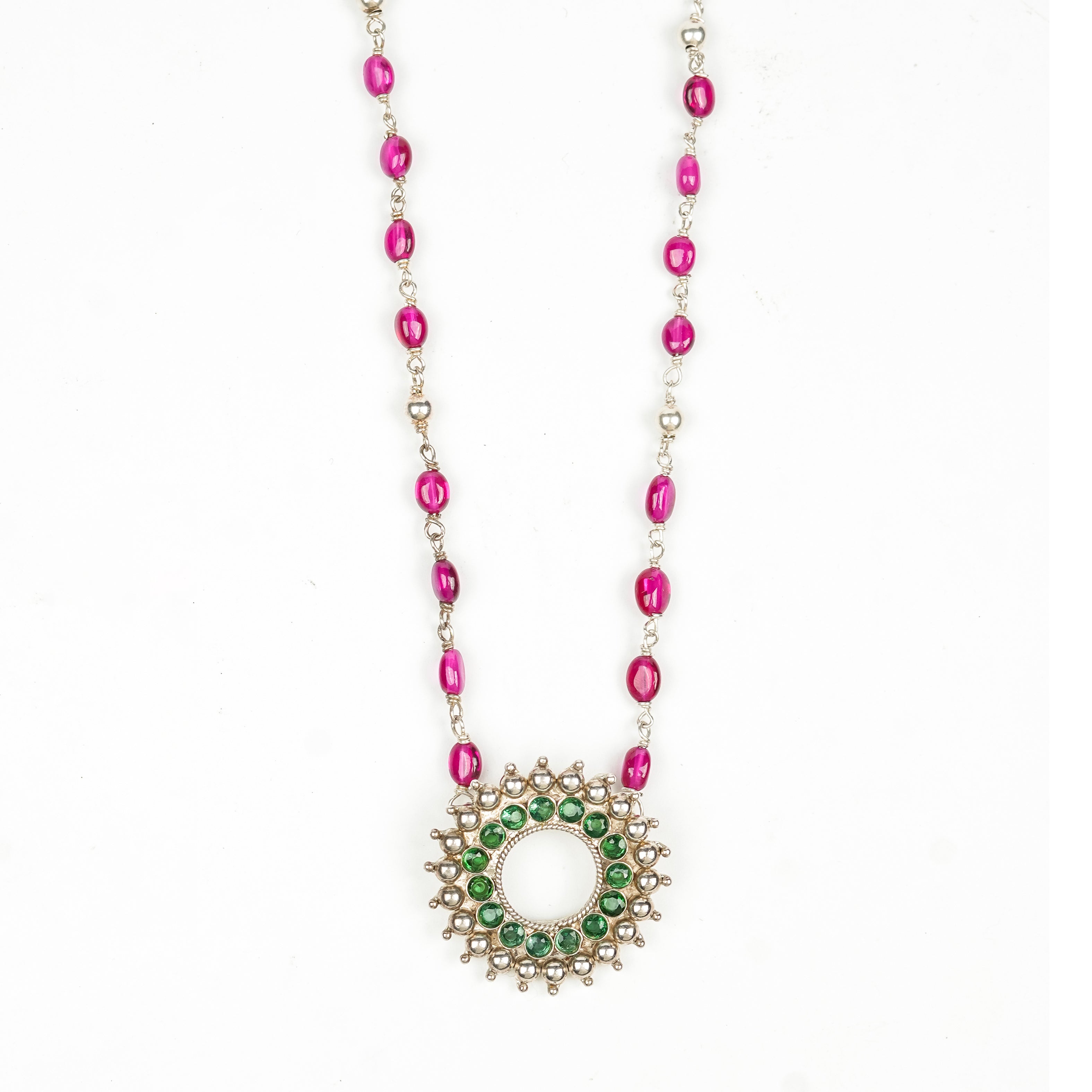 Silver Karwar Motif Pendant & Ruby Ganthan Necklace