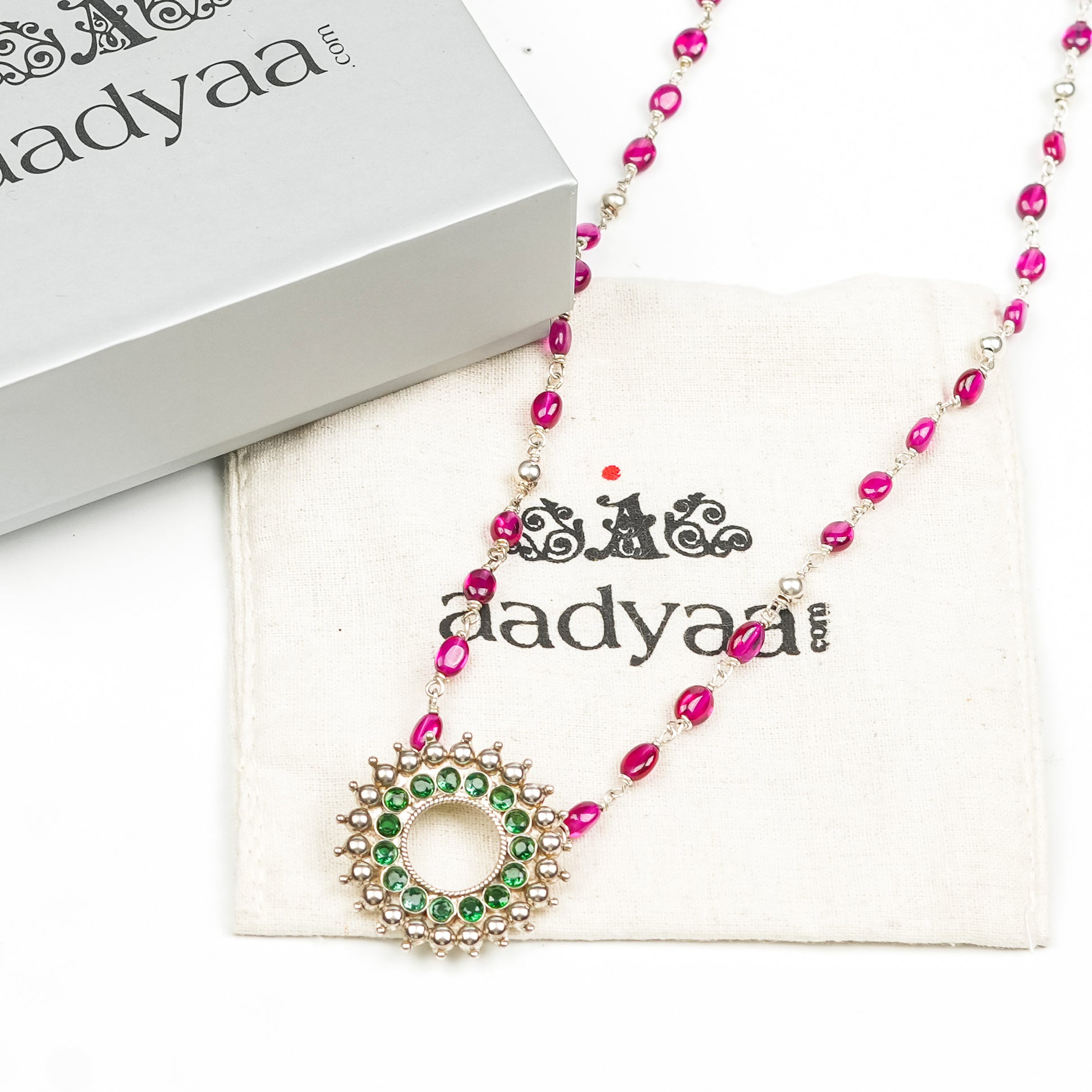 Silver Karwar Motif Pendant & Ruby Ganthan Necklace