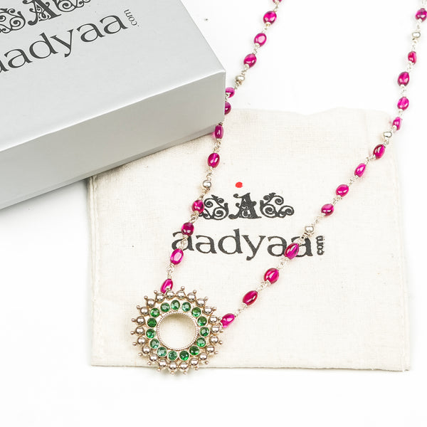 Silver Karwar Motif Pendant & Ruby Ganthan Necklace