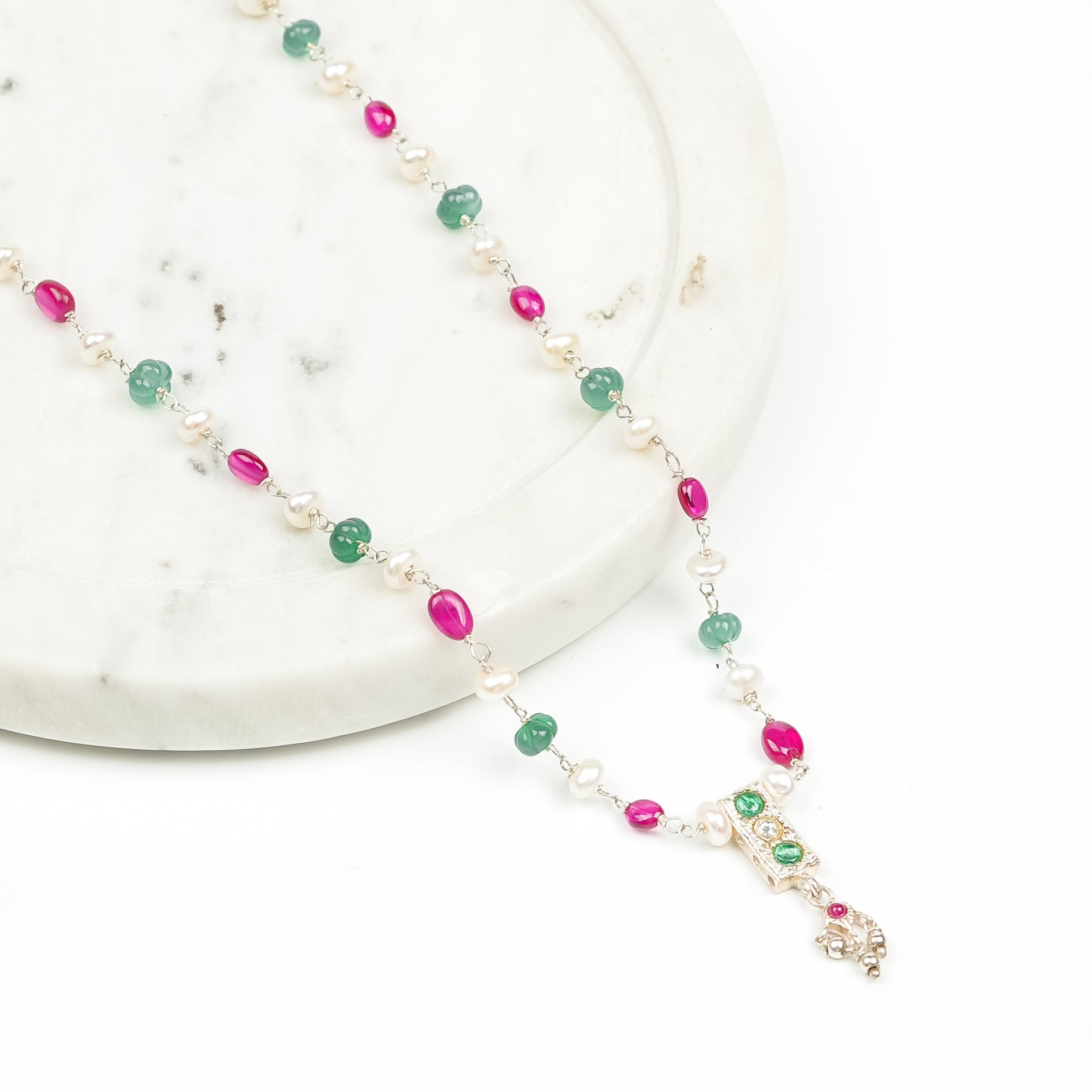 Rubies, Green Onyx & Freshwater Pearl Ganthan Necklace