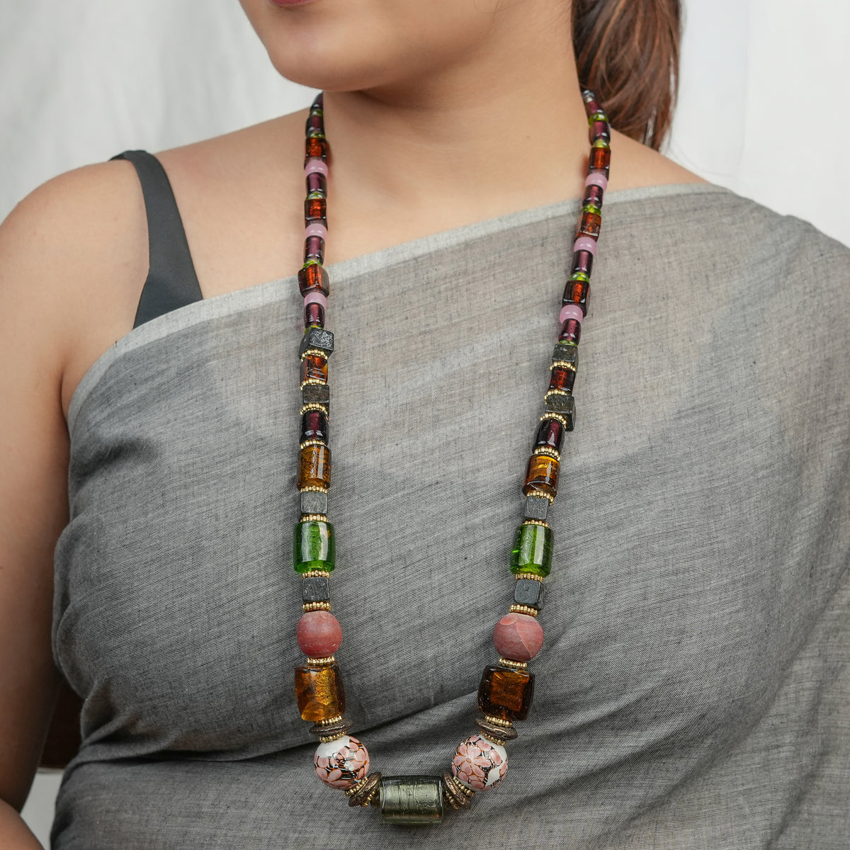 Long Necklace with Glass, Metal & Silver Oil Glass Beads