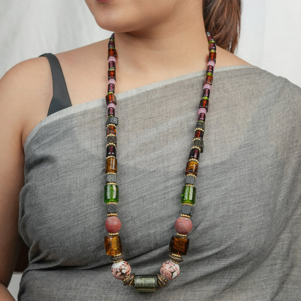 Long Necklace with Glass, Metal & Silver Oil Glass Beads
