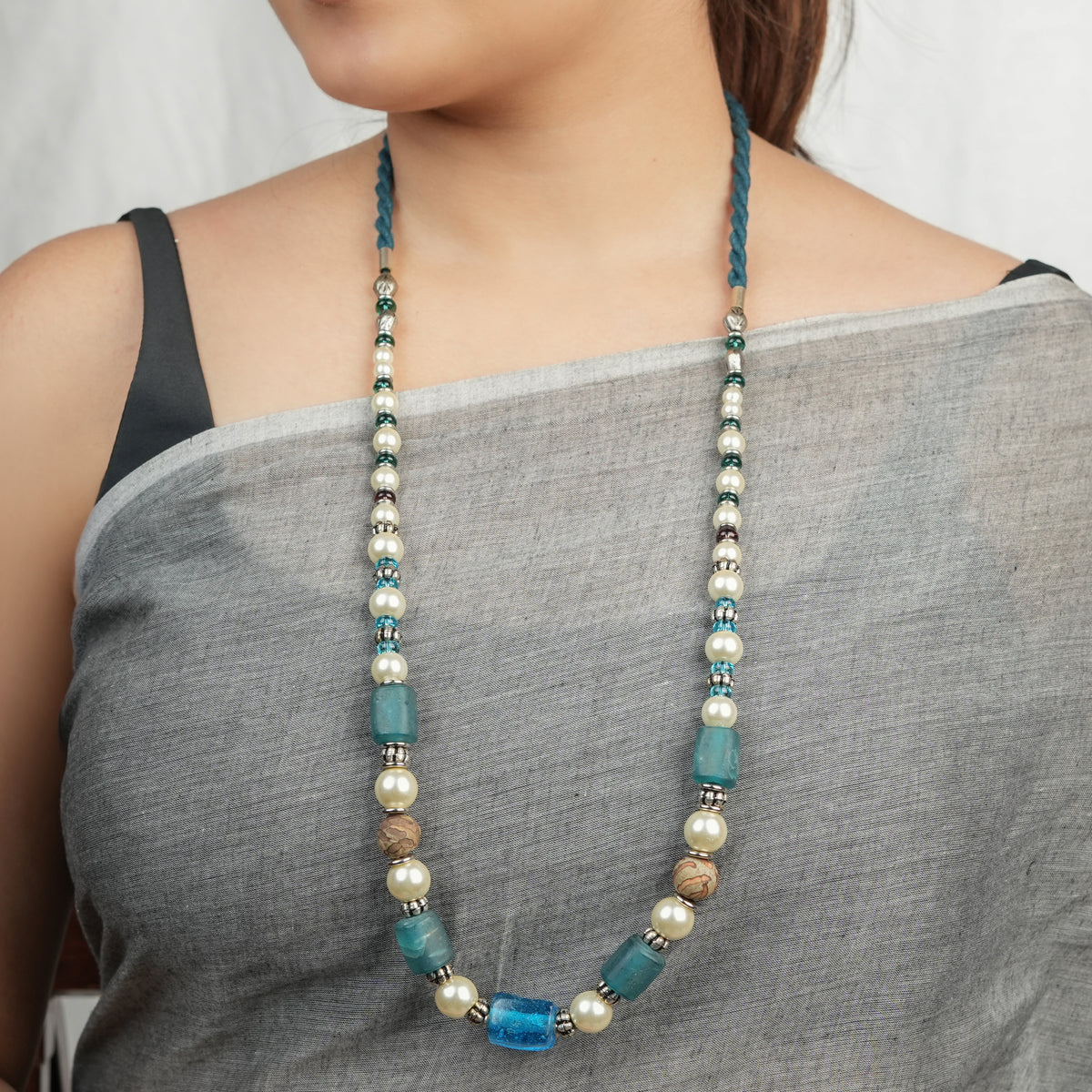 Long Necklace with Glass Bead & Pearls