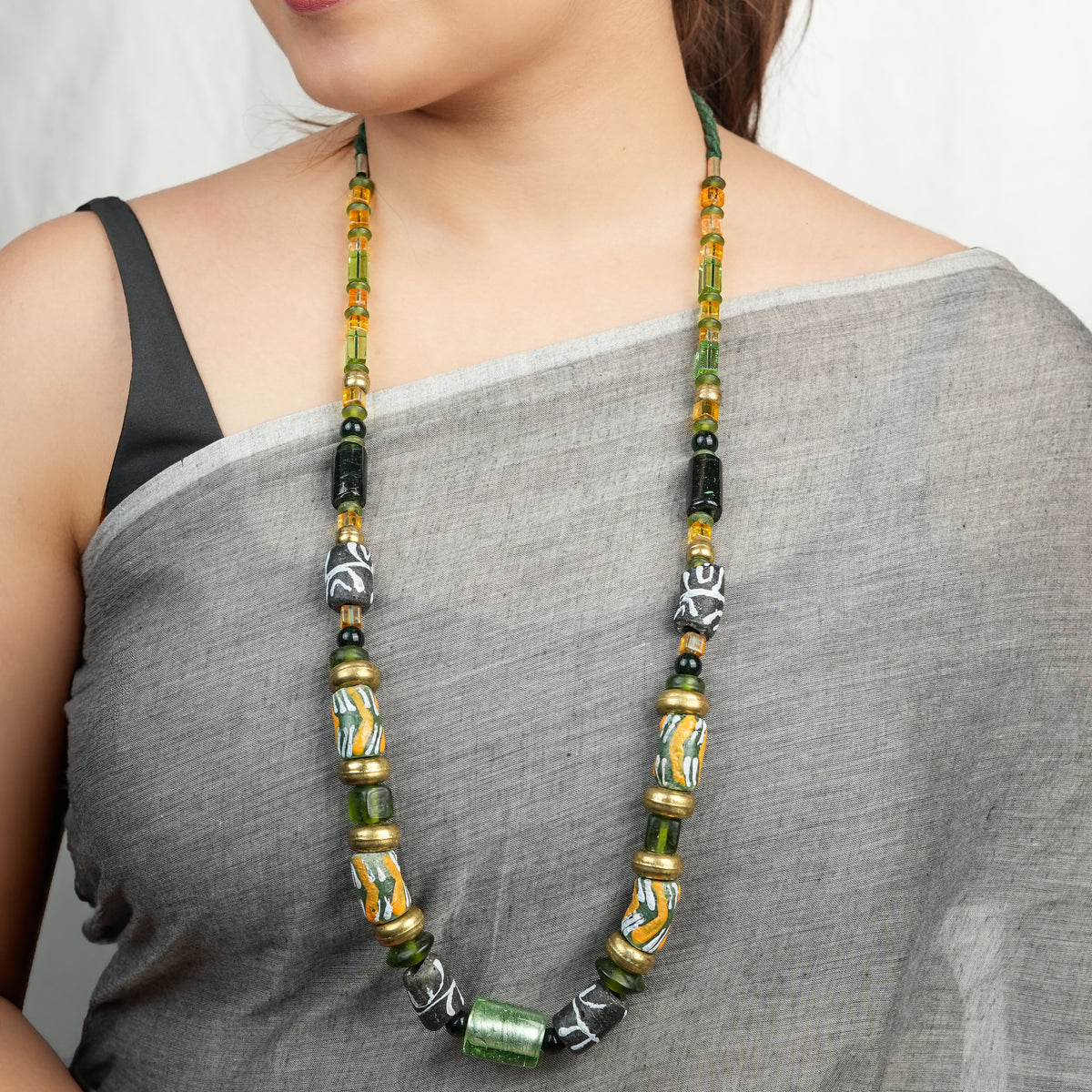 Long Necklace with Silver Foil Glass Bead with Brass, Glass & Hand Painted Ceramic Beads