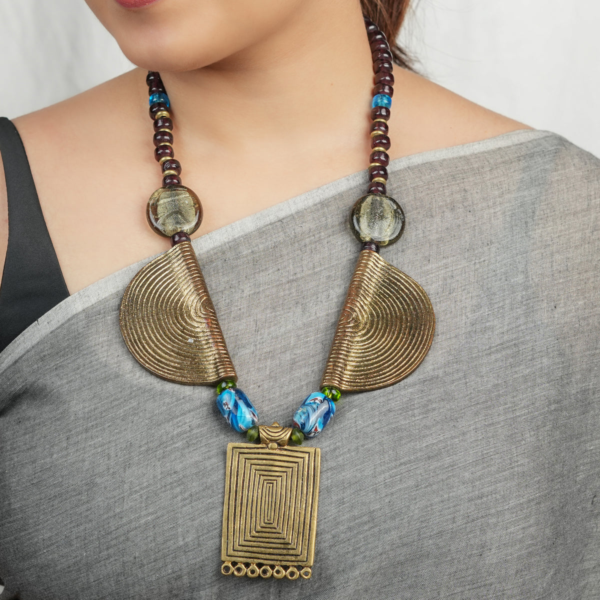 Necklace with Silver Foil Glass Bead, Ceramic Beads & Brass Pendant