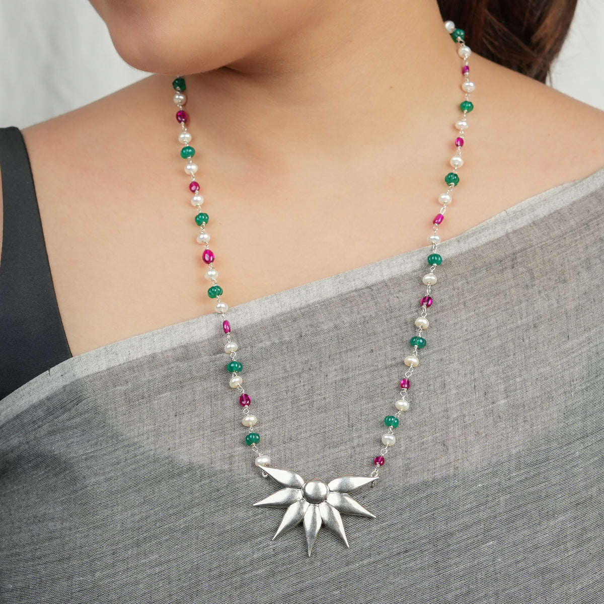 Silver Petal Pendant Necklace with Rubies, Green Onyx & Pearl Ganthan