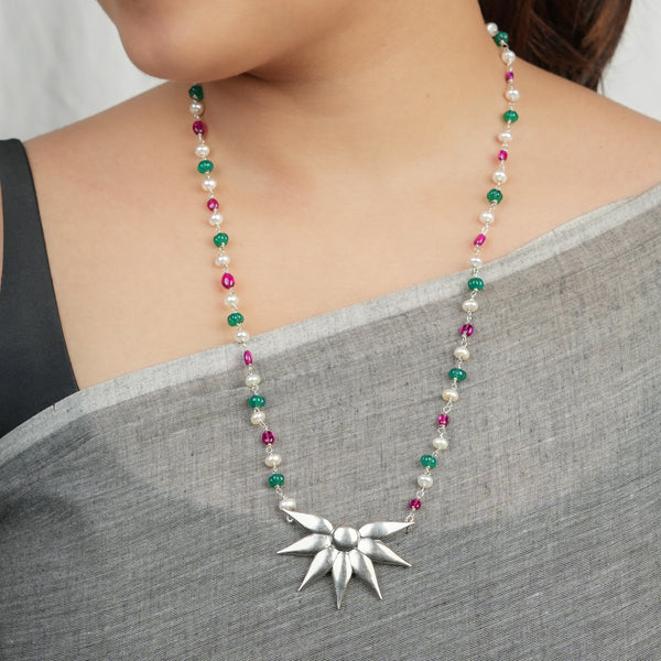 Silver Petal Pendant Necklace with Rubies, Green Onyx & Pearl Ganthan