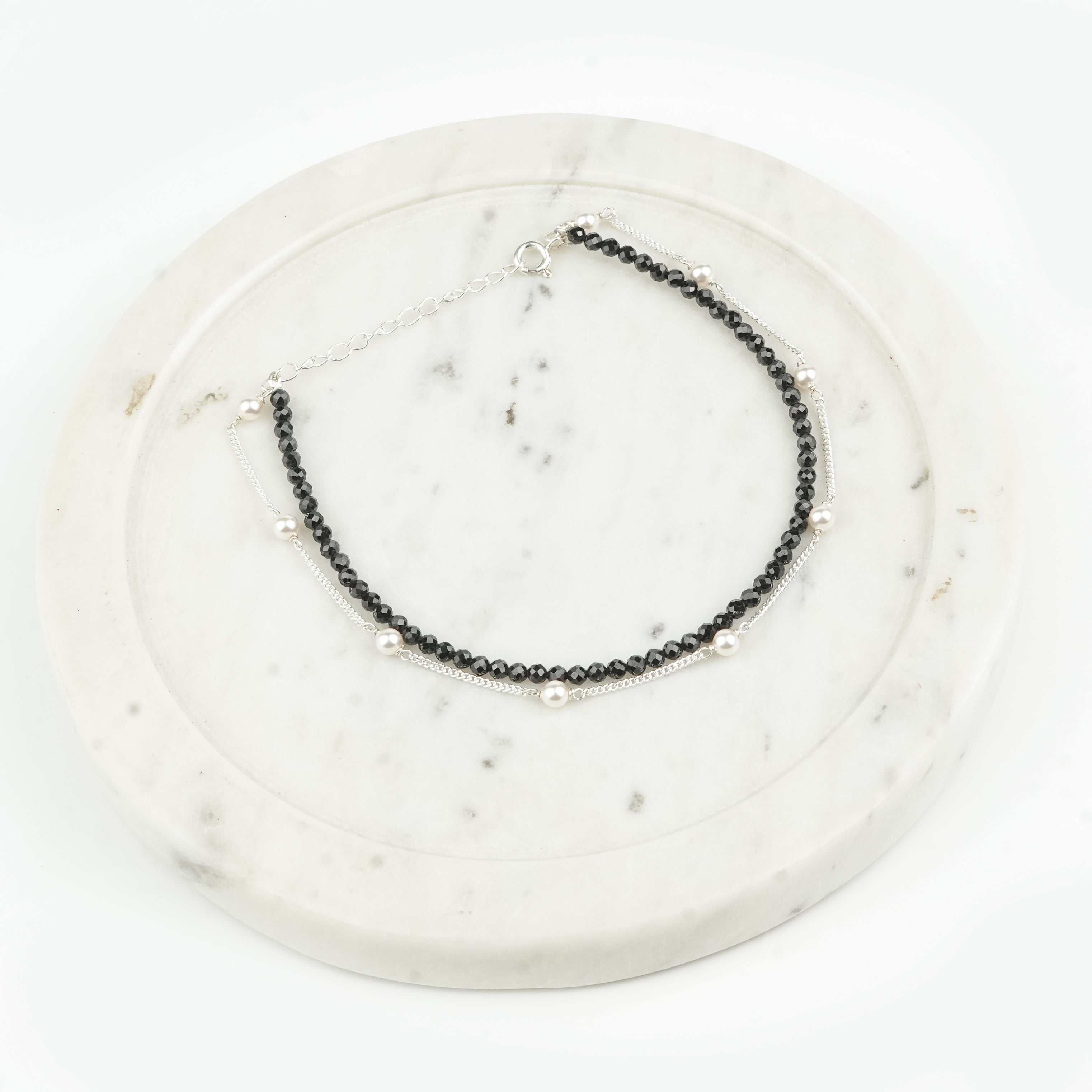 Black Spinel & Pearl Chain Anklet (Project Handmade)