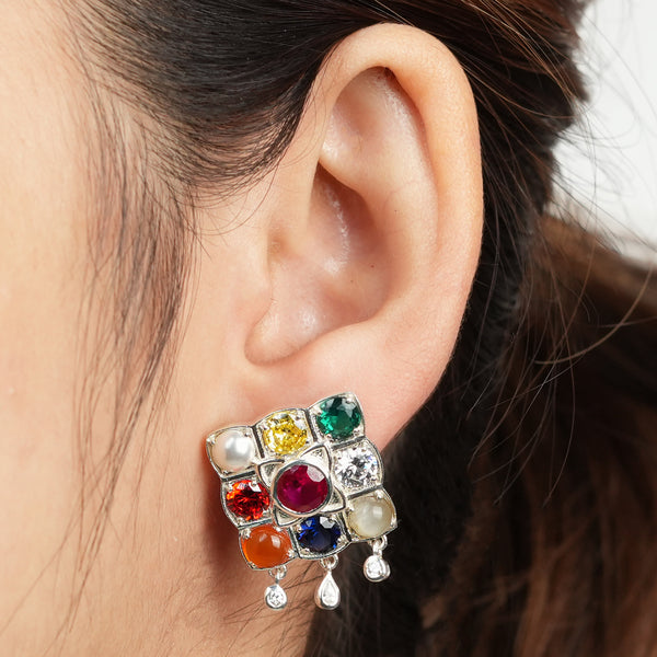 Silver Navratna Earrings