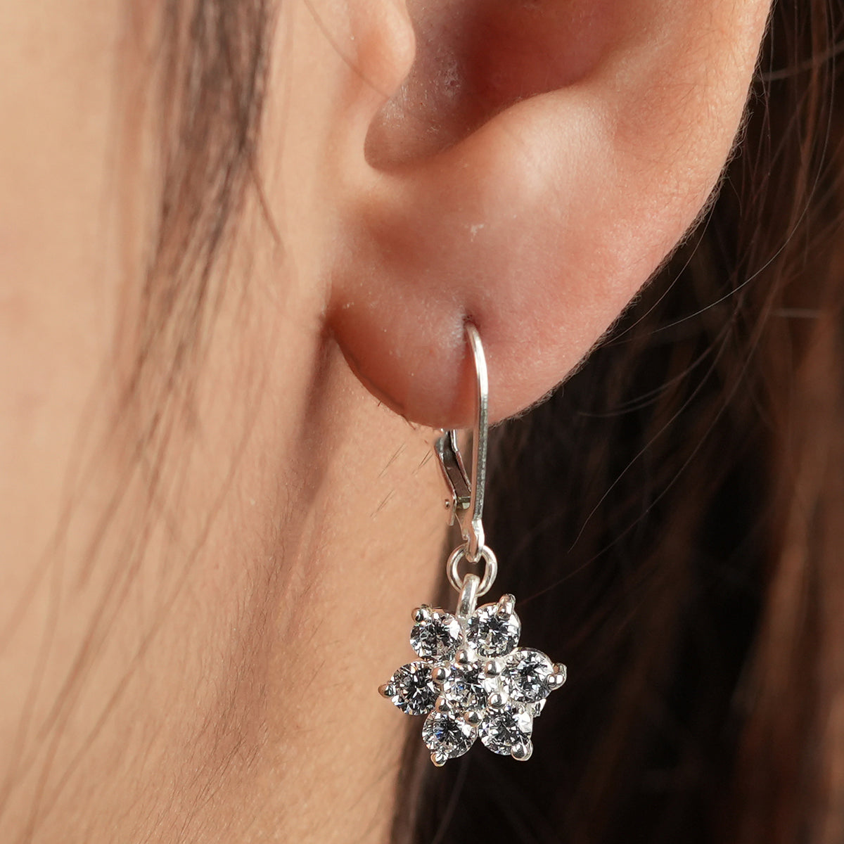 Silver CZ Flower Dangle Earrings