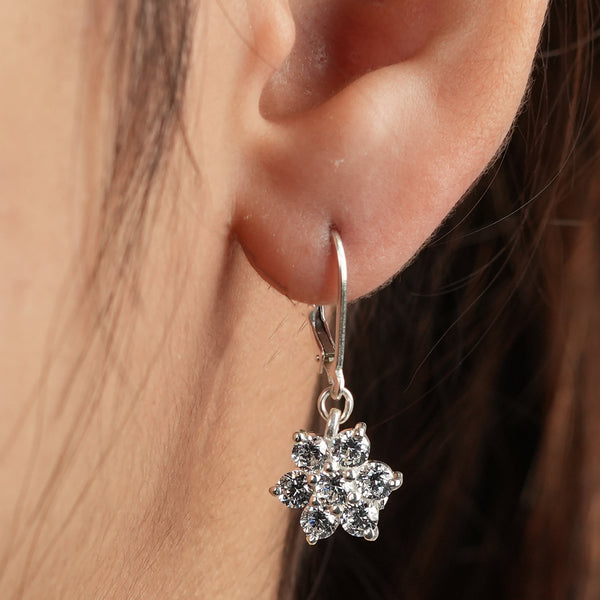 Silver CZ Flower Dangle Earrings