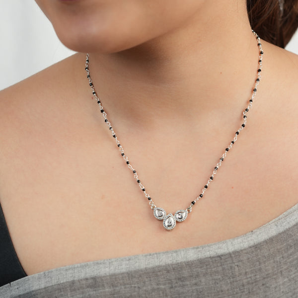 Silver CZ Petal Necklace with Black Spinel