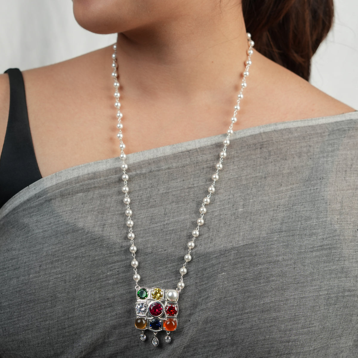 Silver Navratna Pendant with Pearl Ganthan