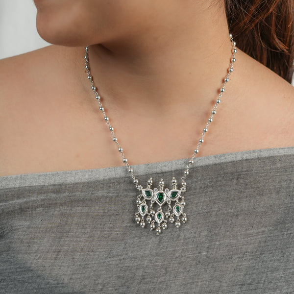 Silver Green CZ Tanmani Set with Sarmanee
