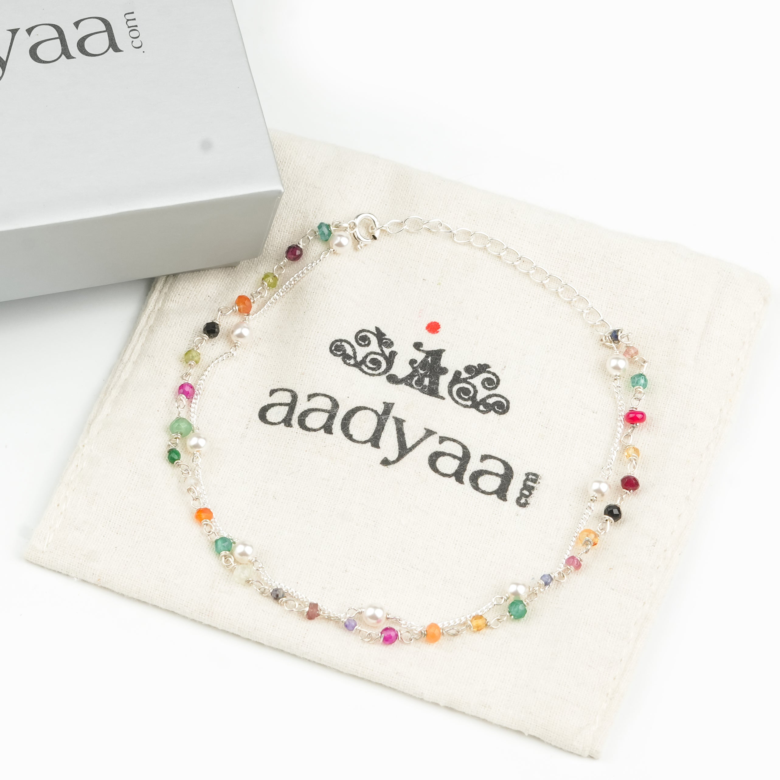 Multicolor Stone Ganthan & Pearl Chain Anklet (Project Handmade)