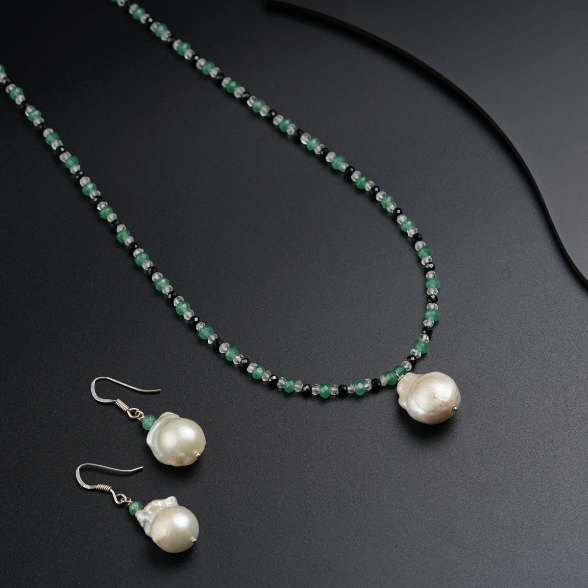 Handmade Silver Set with Jade, Black Spinels and Crystals
