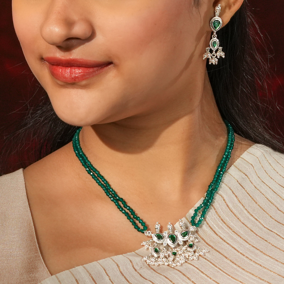 Silver Green CZ Tanmani Set with Green Onyx