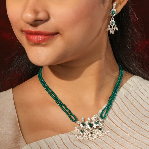 Silver Green CZ Tanmani Set with Green Onyx