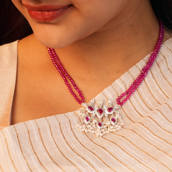 Silver Pink CZ Tanmani Set with Rubies