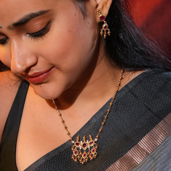 Pink CZ Tanmani Set with Sarmanee | 22K Gold-Plated