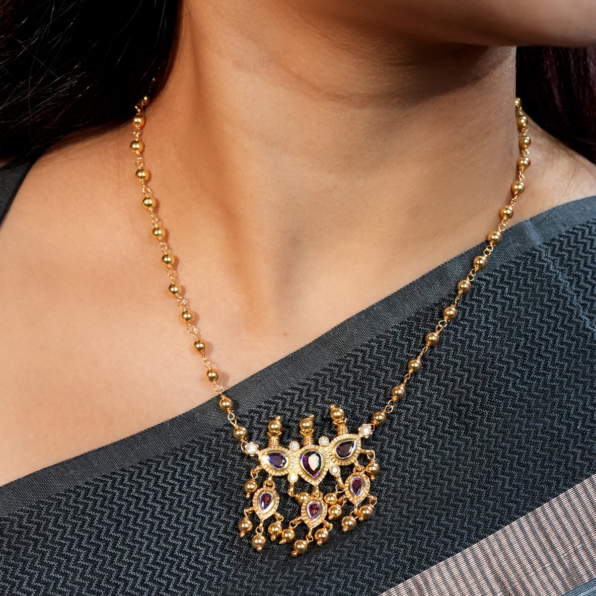 Pink CZ Tanmani Set with Sarmanee | 22K Gold-Plated