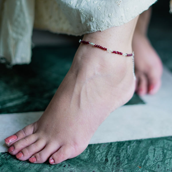 Maroon Jade Silver Anklet (Project Handmade)