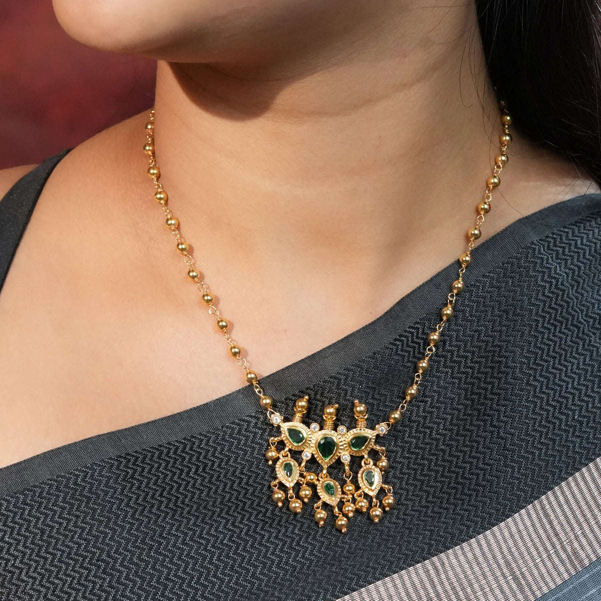 Green CZ Tanmani Set with Sarmanee | 22K Gold-Plated
