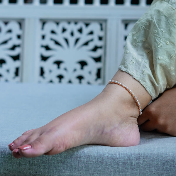 Rice Pearl & Silver Bead Anklet (Project Handmade)