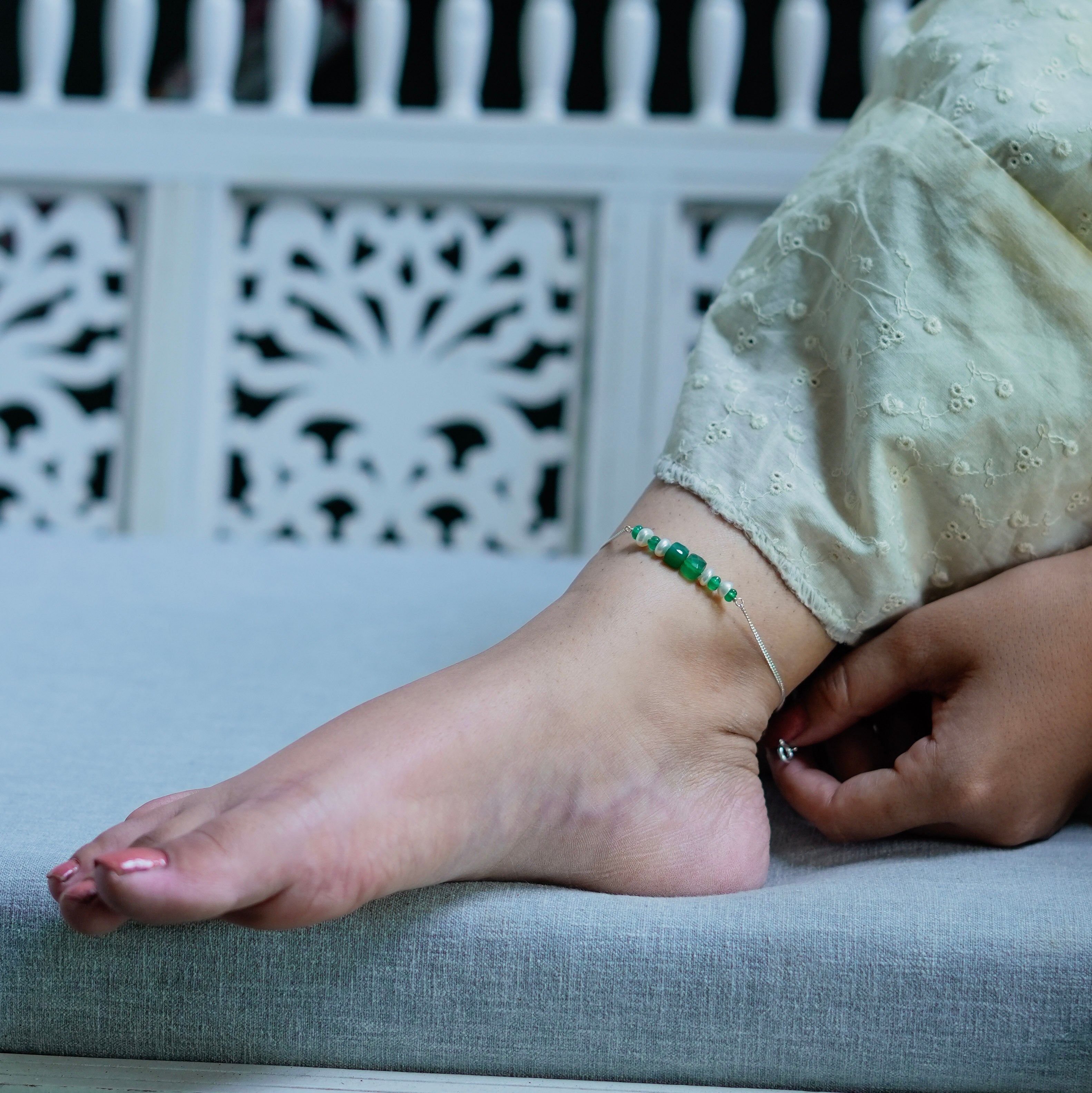Green Onyx & Pearl Silver Anklet (Project Handmade)