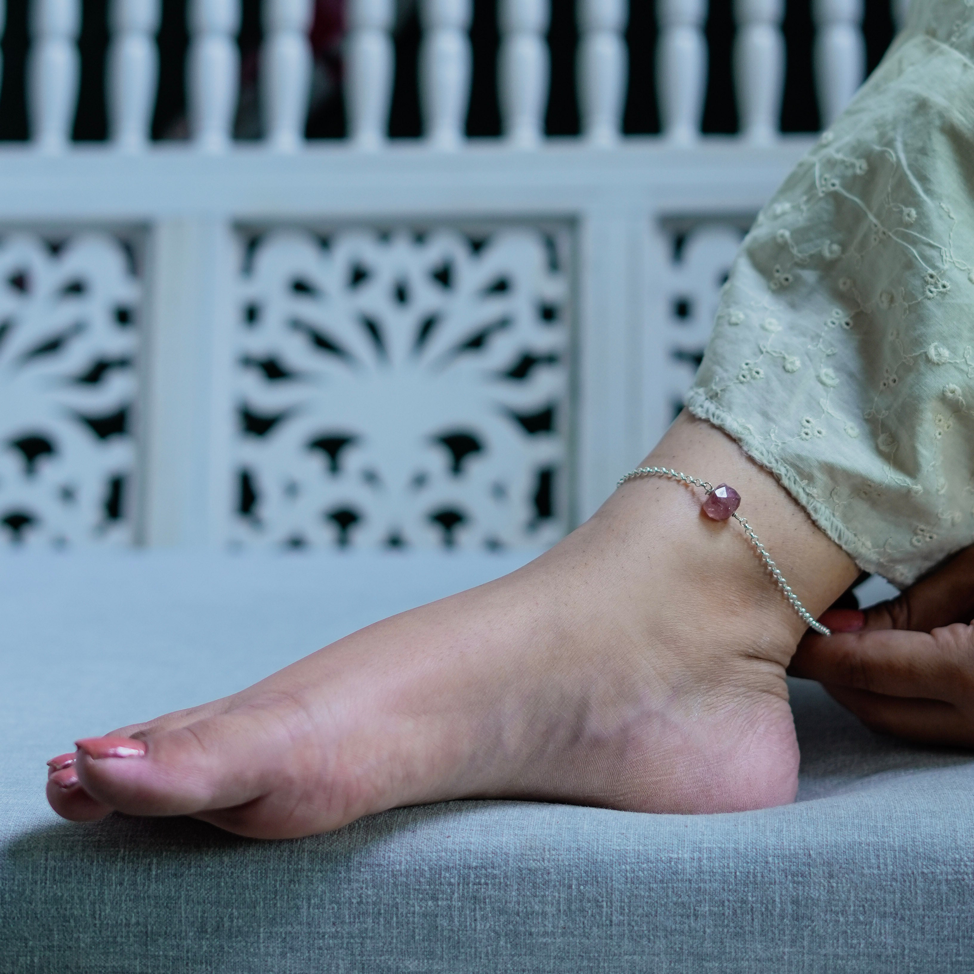 Strawberry Quartz Silver Anklet (Project Handmade)