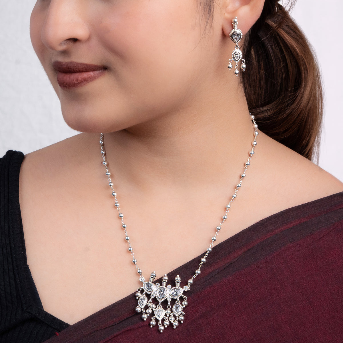 Silver White CZ Tanmani Set with Sarmanee