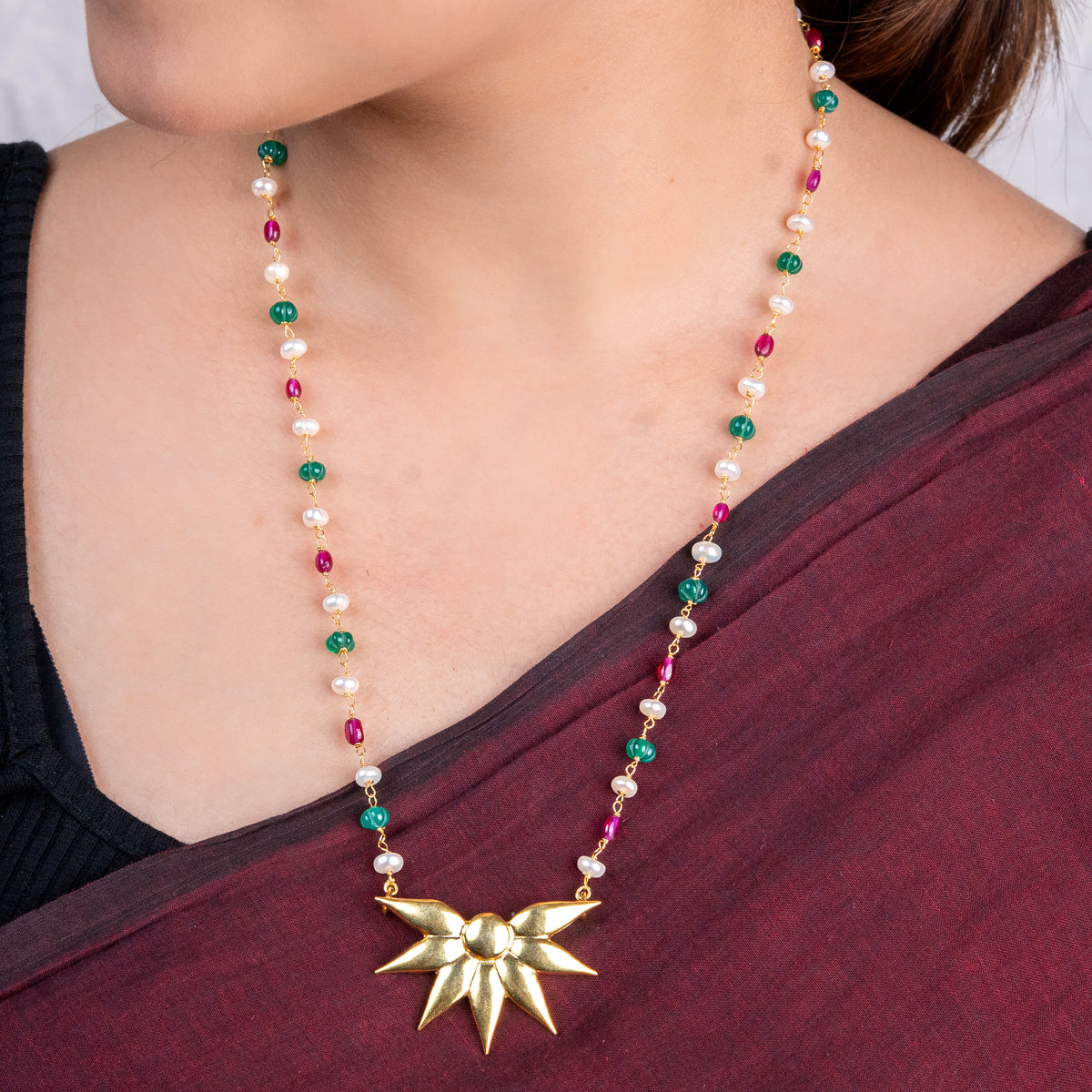 Petal Pendant Necklace with Rubies, Green Onyx & Pearl Ganthan | 22K Gold-Plated