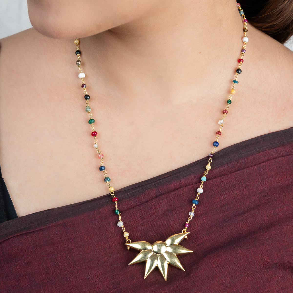 Petal Pendant Necklace with Multicolour Stone Ganthan | 22K Gold-Plated
