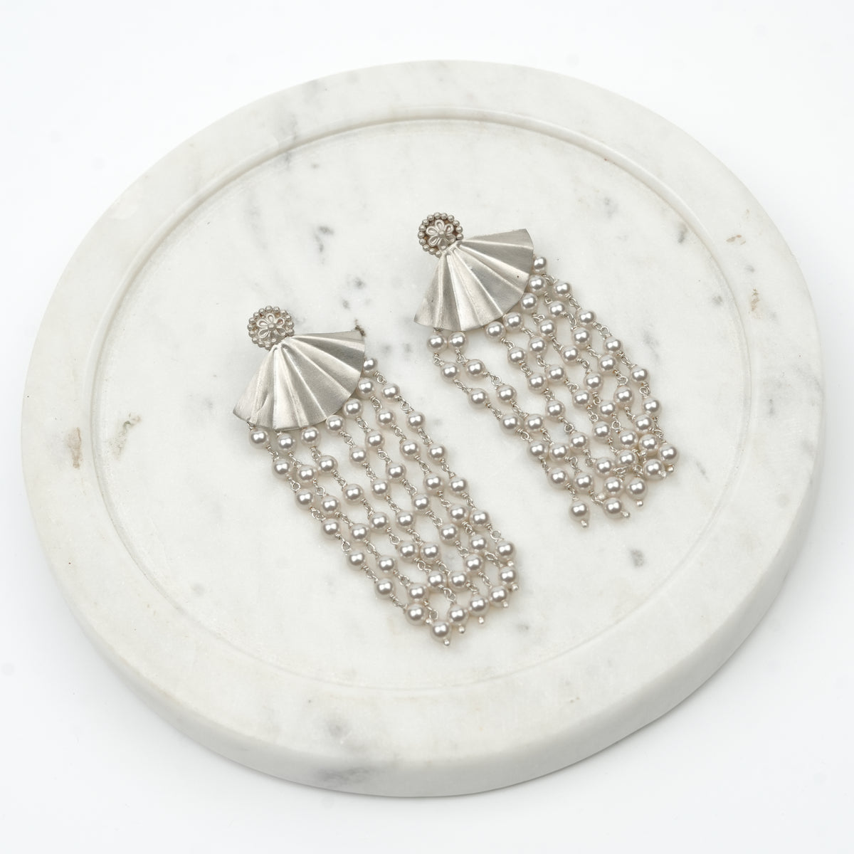 Oxidised Silver Pearl Arc Earrings