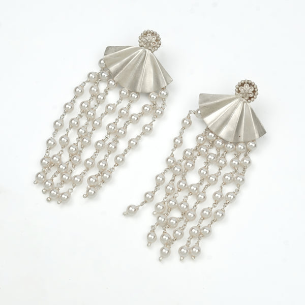 Oxidised Silver Pearl Arc Earrings