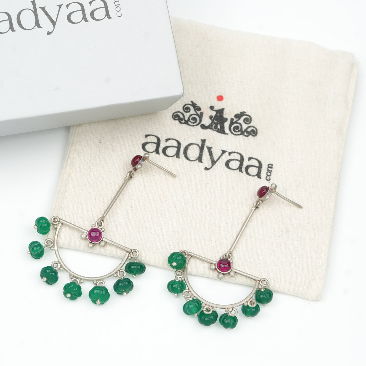 Oxidised Silver Crescent Arc Earrings with Green Onyx & Kempu Stones