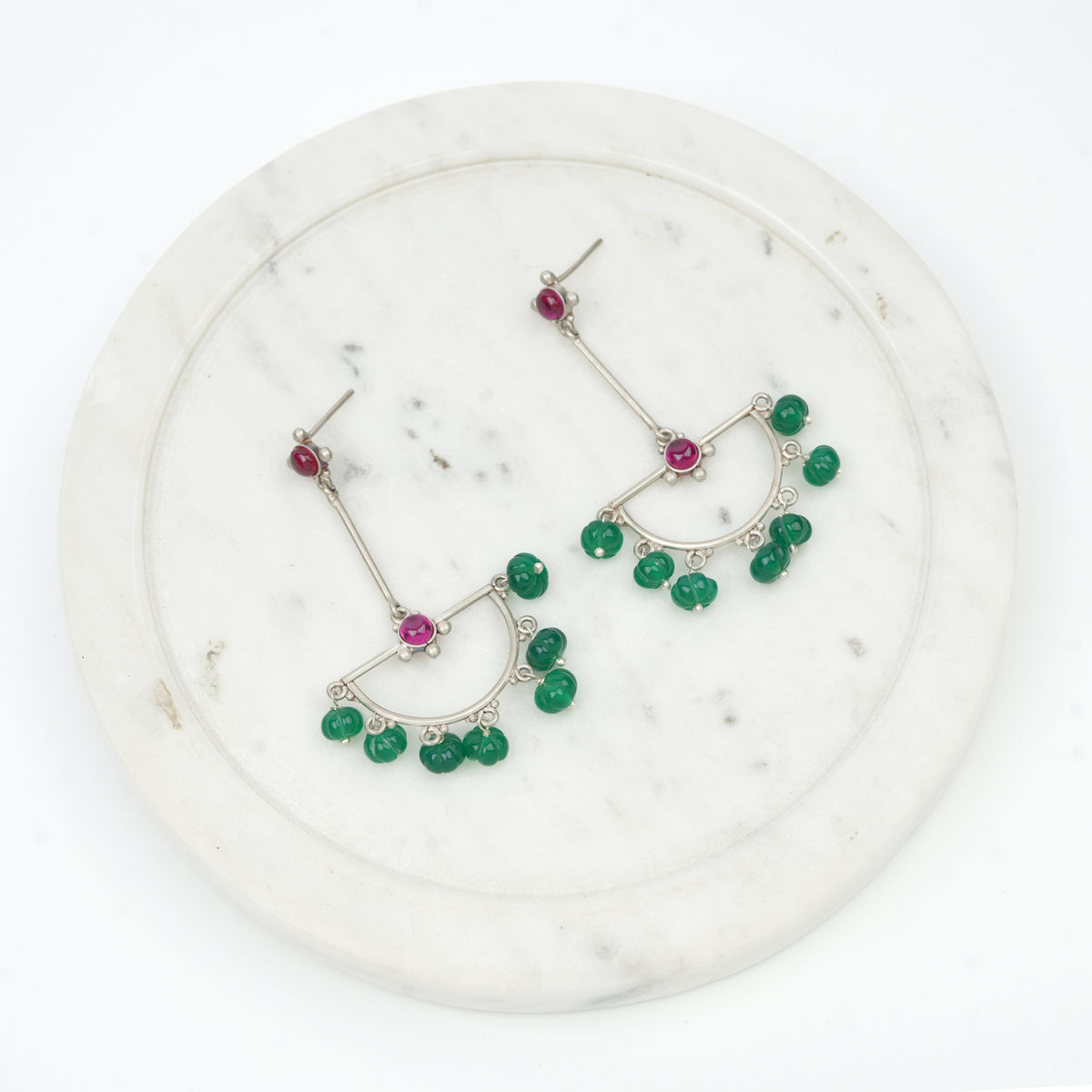 Oxidised Silver Crescent Arc Earrings with Green Onyx & Kempu Stones