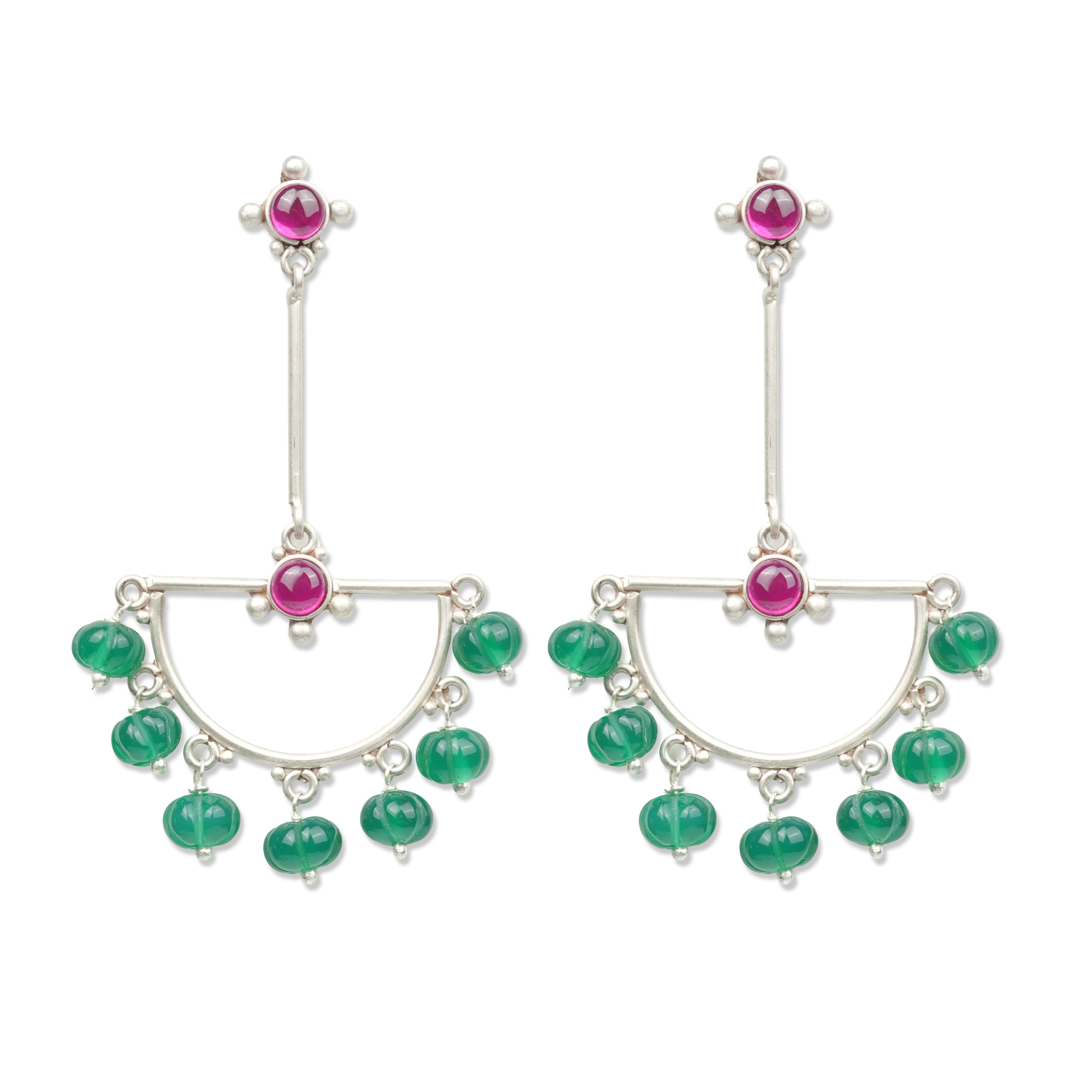 Oxidised Silver Crescent Arc Earrings with Green Onyx & Kempu Stones