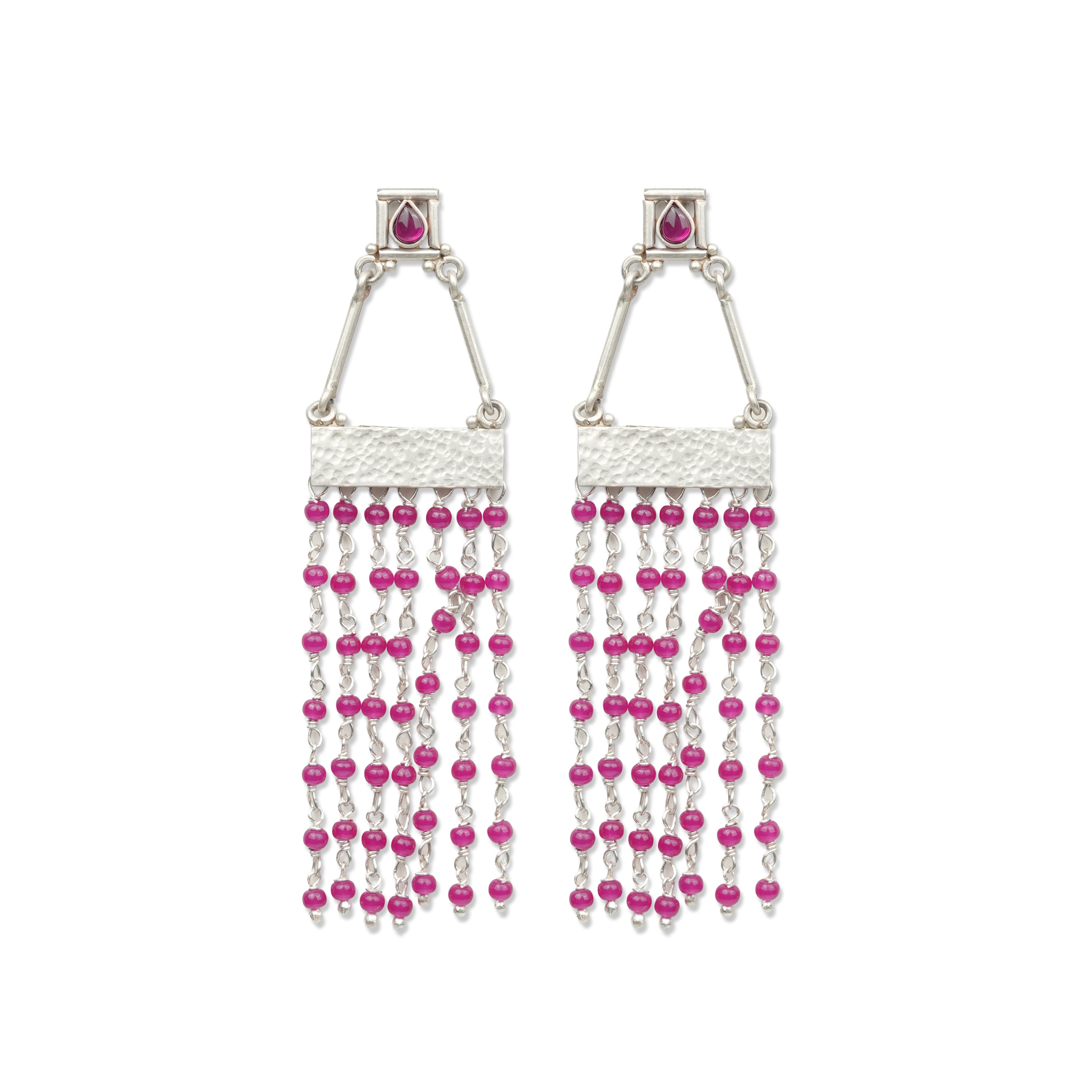 Oxidised Silver Hammered Box Earrings with Rubies