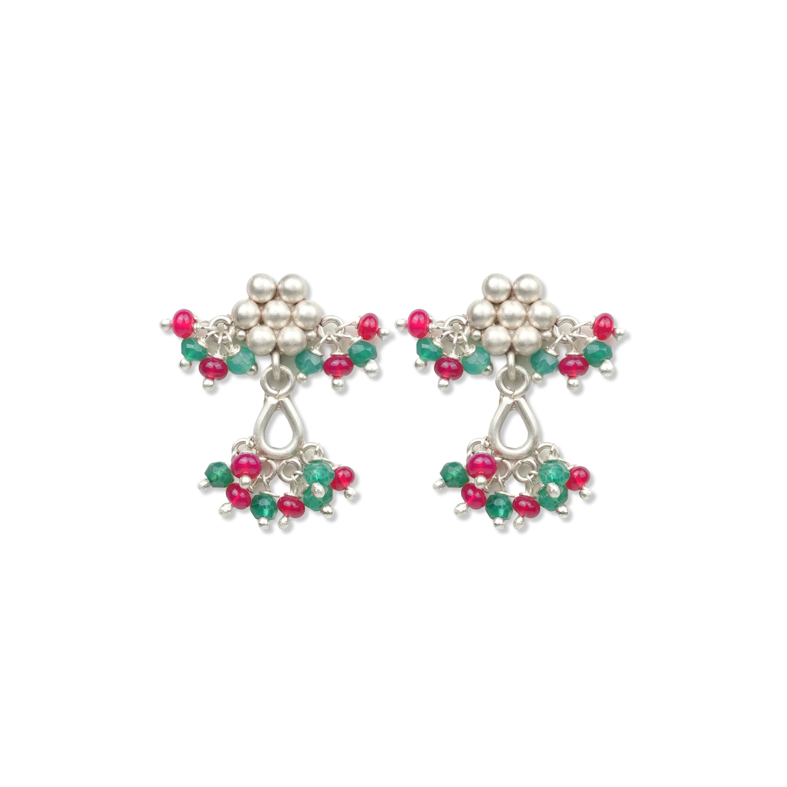 Oxidised Silver Kudi Earrings with Rubies & Green Onyx