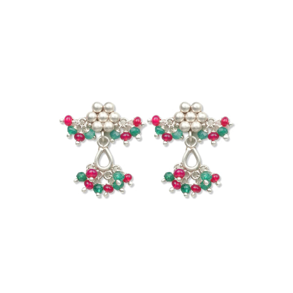 Oxidised Silver Kudi Earrings with Rubies & Green Onyx