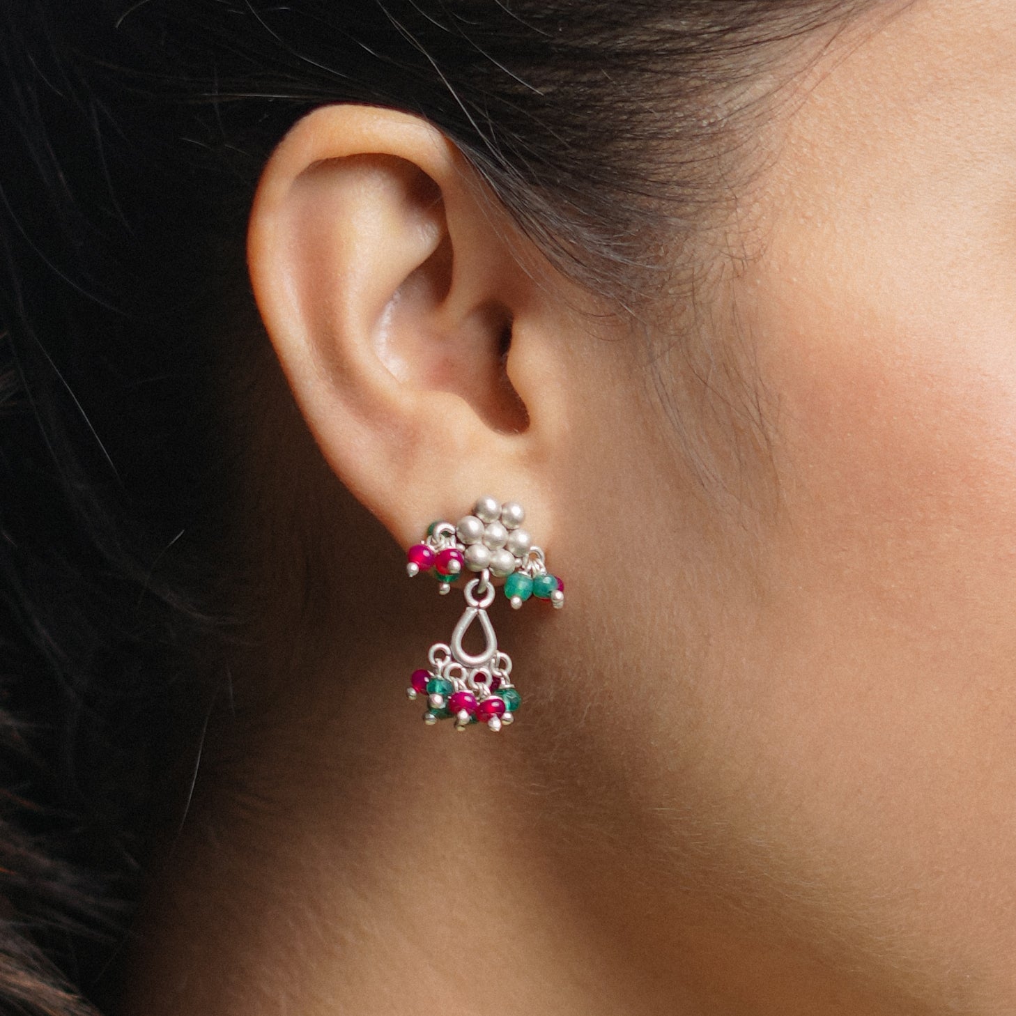 Oxidised Silver Kudi Earrings with Rubies & Green Onyx