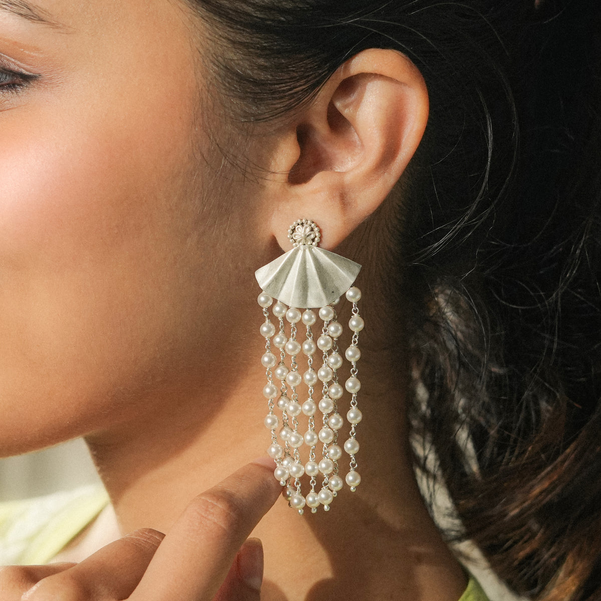 Oxidised Silver Pearl Arc Earrings