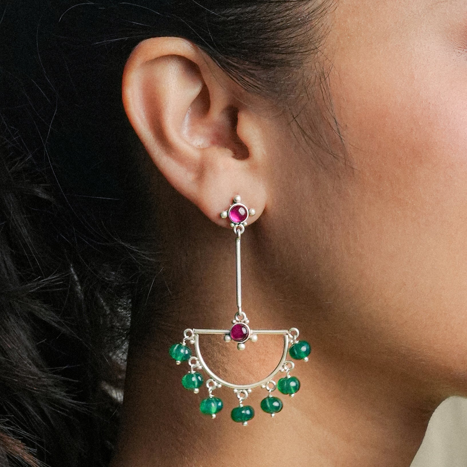 Oxidised Silver Crescent Arc Earrings with Green Onyx & Kempu Stones