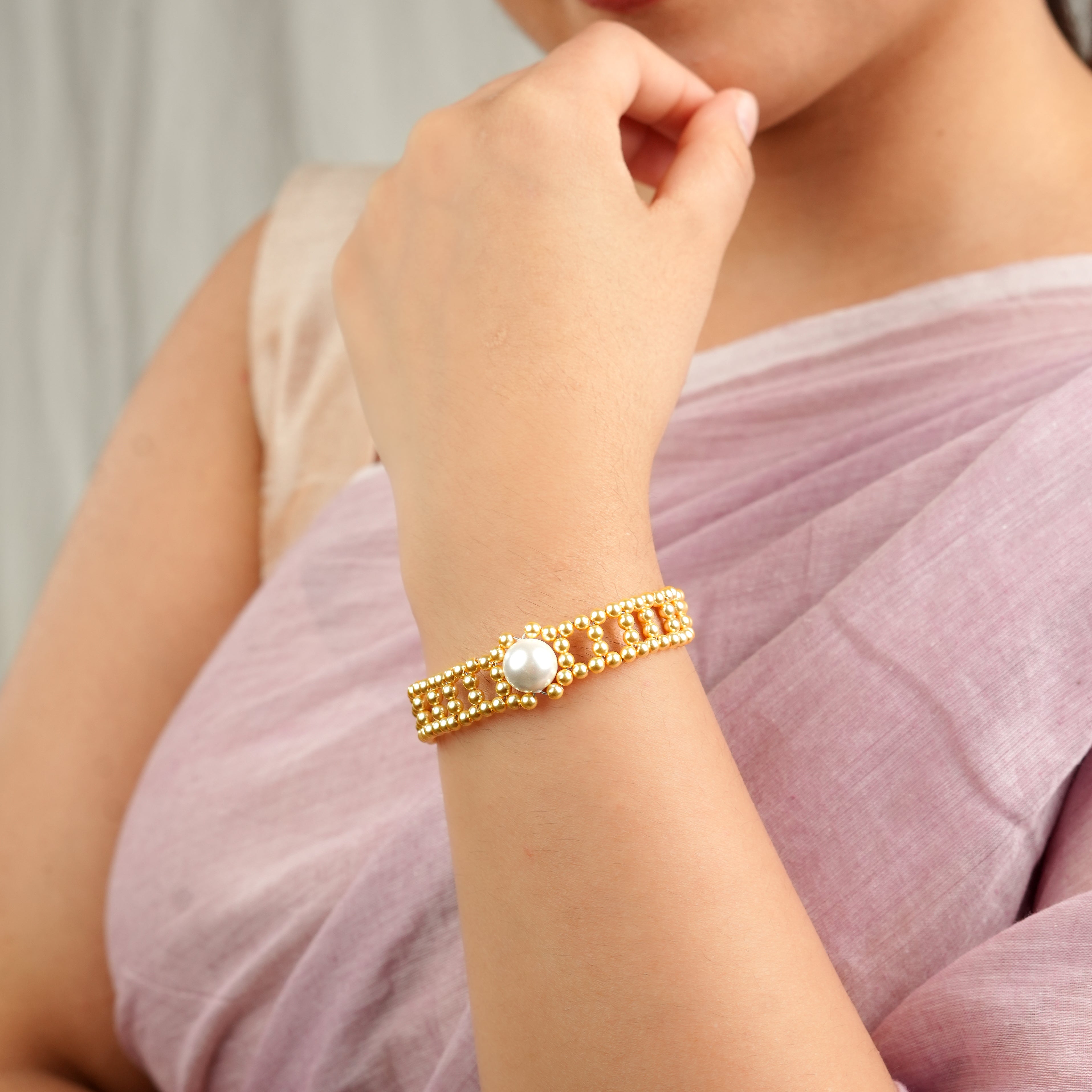 Golden and White Pearl Wrapped Bracelet (Project Handmade)